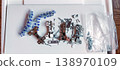 Furniture assembly hardware parts are scattered across the white panel. 138970109