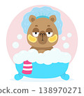 Funny cartoon capybara taking a bubble bath, wearing a shower cap and patches. Vector illustration, isolated background 138970271