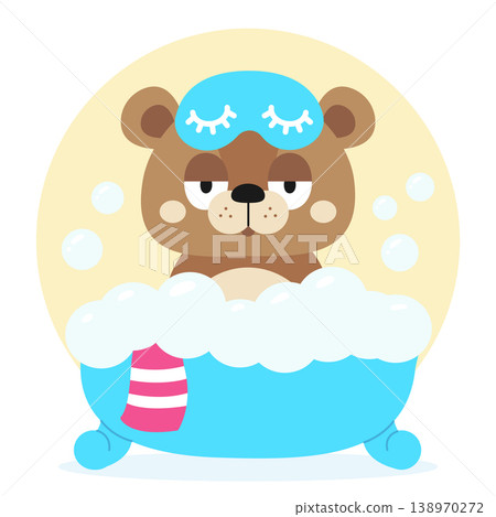 Funny cartoon otter taking a bubble bath, wearing a sleep mask. Vector illustration, isolated background 138970272