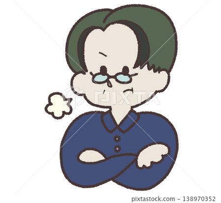 Illustration of an angry elderly man: arms crossed, wearing glasses, sighing, hand-drawn style, business scene, white background. Illustration of an angry elderly man: arms crossed, wearing glasses, sighing, hand-drawn style, business scene, white background. 138970352