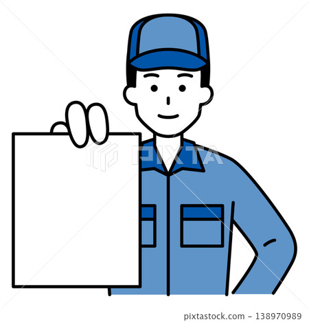 A man in overalls shows documents. A man in overalls shows documents. 138970989