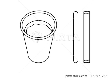 Disposable cup, stirring rod and sugar stick Outline Icon Sticker Logo Pictogram Minimal line design. Isolated Vector illustration Coffee thematic linear icon for post, web site, menu card, label, tag Disposable cup, stirring rod and sugar stick Outline Icon Sticker Logo Pictogram Minimal line design. Isolated Vector illustration Coffee thematic linear icon for post, web site, menu card, label, tag 138971286