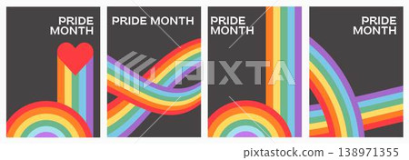 Minimalist queer pride poster set with geometric rainbow ribbons on dark background. Retro 70s Swiss design LGBTQ vertical banners and mid-century modern aesthetic for pride event marketing. Vector. Minimalist queer pride poster set with geometric rainbow ribbons on dark background. Retro 70s Swiss design LGBTQ vertical banners and mid-century modern aesthetic for pride event marketing. Vector. 138971355