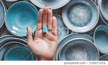 Hand holding dishwasher tablet above clean plates Hand holding dishwasher tablet above clean plates 138971458
