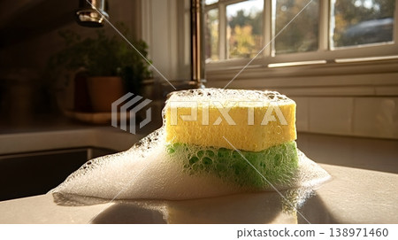 Kitchen sponge with soap suds on countertop Kitchen sponge with soap suds on countertop 138971460