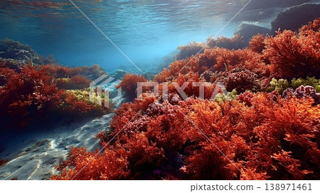 Red marine coral reef thriving underwater in blue ocean Red marine coral reef thriving underwater in blue ocean 138971461