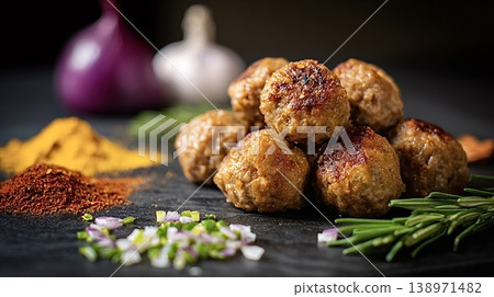 Savory meatballs with spices herbs garlic and onion 138971482