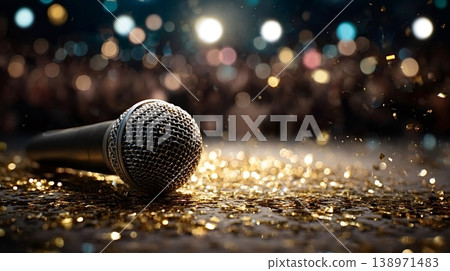 Microphone lying on stage with golden confetti and bokeh lights 138971483