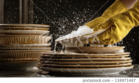 Hands in yellow gloves washing stack of dirty dishes Hands in yellow gloves washing stack of dirty dishes 138971487