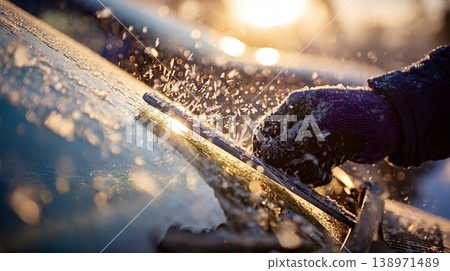Person scraping ice and frost from car windshield 138971489
