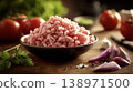 Raw ground beef with fresh cooking ingredients 138971500