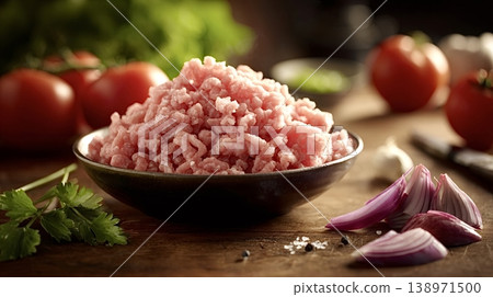 Raw ground beef with fresh cooking ingredients 138971500