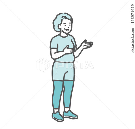 An illustration of a slightly overweight senior woman in sportswear smiling and talking and explaining something. An illustration of a slightly overweight senior woman in sportswear smiling and talking and explaining something. 138971619