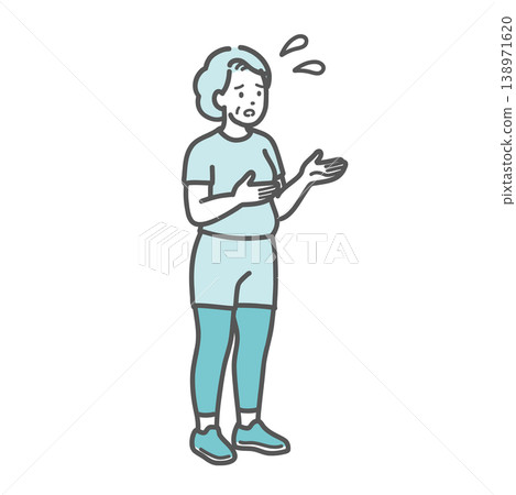 An illustration of a plump senior woman in sportswear with a troubled expression, asking for advice or explanation. 138971620