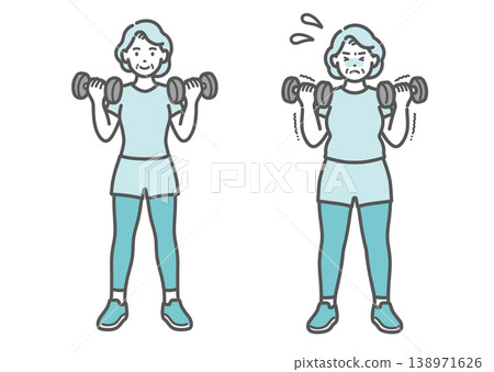A set of illustrations comparing a senior woman with a standard build and a slightly overweight build, both training with dumbbells. 138971626