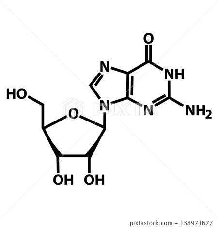 Guanosine molecular chemical formula icon. Guanosine chemical formula science sign. Guanosine structure of Caffeine symbol. flat style. 138971677