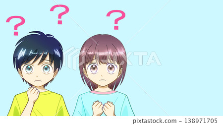 An anime-style illustration of a boy and a girl who are confused, troubled, and have questions, with a blank space on the right. An anime-style illustration of a boy and a girl who are confused, troubled, and have questions, with a blank space on the right. 138971705