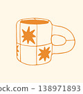 Vector illustration of a modern ceramic mug featuring an yellow and white checkered pattern with starburst motifs. Trendy doodle graphic of a stylish coffee cup for an eclectic kitchen interior 138971893