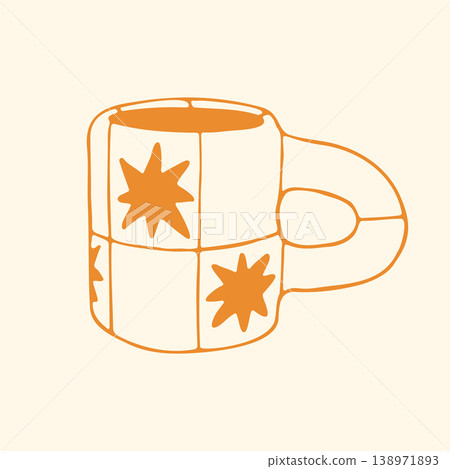 Vector illustration of a modern ceramic mug featuring an yellow and white checkered pattern with starburst motifs. Trendy doodle graphic of a stylish coffee cup for an eclectic kitchen interior Vector illustration of a modern ceramic mug featuring an yellow and white checkered pattern with starburst motifs. Trendy doodle graphic of a stylish coffee cup for an eclectic kitchen interior 138971893