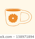 Vector illustration of a classic ceramic mug with a single yellow daisy flower illustration on the side. Charming doodle graphic of a sweet coffee cup for a cozy breakfast or a vintage style kitchen 138971894
