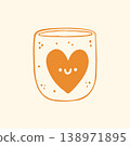 Hand drawn vector illustration of a sweet ceramic mug with a cute smiling heart character and dots. Playful doodle graphic of a lovely coffee cup for a children gift or Valentines Day 138971895