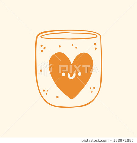 Hand drawn vector illustration of a sweet ceramic mug with a cute smiling heart character and dots. Playful doodle graphic of a lovely coffee cup for a children gift or Valentines Day Hand drawn vector illustration of a sweet ceramic mug with a cute smiling heart character and dots. Playful doodle graphic of a lovely coffee cup for a children gift or Valentines Day 138971895