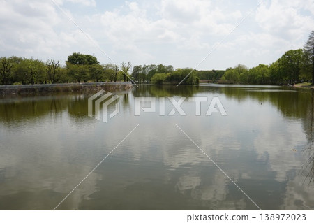春日的天空和鬱鬱蔥蔥的樹木倒映在舍人公園(東京足立區)的大池塘中。 春日的天空和鬱鬱蔥蔥的樹木倒映在舍人公園(東京足立區)的大池塘中。 138972023