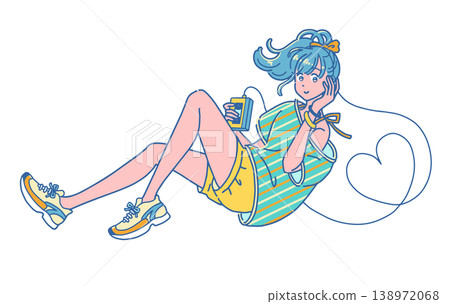 A young woman listening to music on a portable cassette tape recorder. 138972068