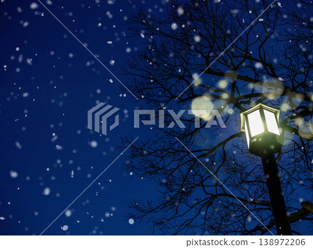 Snowscape illuminated by streetlights 138972206