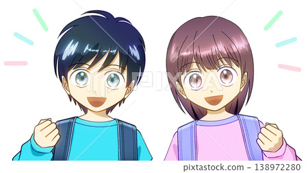 一幅動漫風格的插圖,描繪了一位背著書包、面帶微笑的小學生男孩和女孩,背景是白色。 一幅動漫風格的插圖,描繪了一位背著書包、面帶微笑的小學生男孩和女孩,背景是白色。 138972280