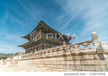 Seoul, South Korea - Apr. 12, 2026 : Geunjeongjeon Hall of Gyeongbokgung Palace under Blue Sky in Seoul, Korea Seoul, South Korea - Apr. 12, 2026 : Geunjeongjeon Hall of Gyeongbokgung Palace under Blue Sky in Seoul, Korea 138972456