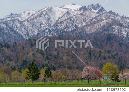 Spring scenery of cherry blossoms with snow-capped Mt. Ashibetsu and the Yamabe district of Furano City, Hokkaido. Spring scenery of cherry blossoms with snow-capped Mt. Ashibetsu and the Yamabe district of Furano City, Hokkaido. 138972502