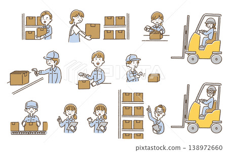 Illustration set of warehouse workers and logistics staff (picking, packing, inventory management, and general work tasks) 138972660