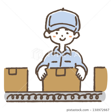一張工人在傳送帶上分類物品的插圖。 一張工人在傳送帶上分類物品的插圖。 138972667