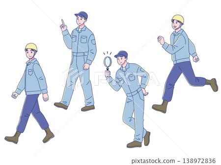 A set of men in work clothes, in an anime style. A set of men in work clothes, in an anime style. 138972836
