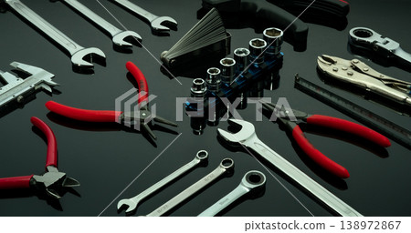 Set of mechanic tools. Chrome wrenches or spanners, hexagon socket, end cutter pliers, locking pliers, vernier caliper, pincers, feeler gauge, and tape measure. Chrome vanadium spanner wrench. Set of mechanic tools. Chrome wrenches or spanners, hexagon socket, end cutter pliers, locking pliers, vernier caliper, pincers, feeler gauge, and tape measure. Chrome vanadium spanner wrench. 138972867