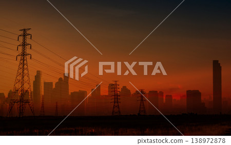 Blackout in Spain and Portugal shows dark cityscape with electricity pylon. European energy crisis. Power outage and infrastructure vulnerability at night. Power outage concept. Metropolitan emergency 138972878