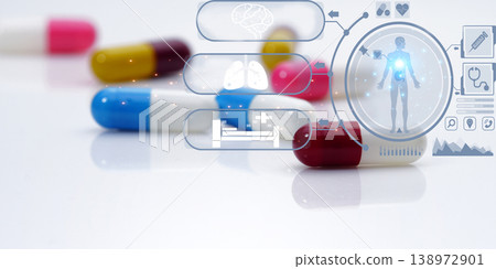 Healthcare and medicine concept. World Health Day background. Health insurance background. Medicine for treatment of illness. Alzheimer disease and dementia treatment. Medicine and side effects. 138972901