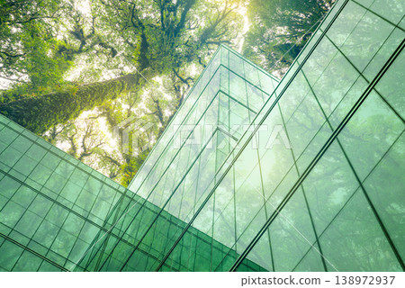 Eco-friendly building in the modern city. Sustainable glass office building with tree for reducing heat and carbon dioxide. Office building with green environment. Corporate building reduce CO2. Eco-friendly building in the modern city. Sustainable glass office building with tree for reducing heat and carbon dioxide. Office building with green environment. Corporate building reduce CO2. 138972937