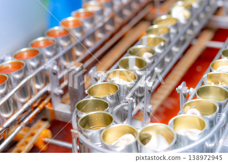 Canned fish factory. Food industry.  Sardines in red tomato sauce in tinned cans at food factory. Food processing production line. Food manufacturing industry. Many cans of sardine on a conveyor belt. 138972945