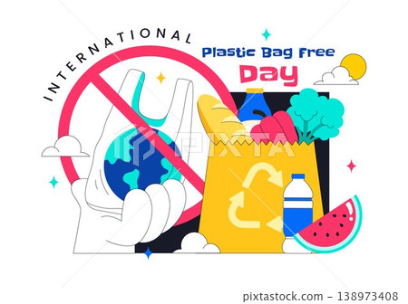 International Plastic Bag Free Day Illustration Eco Friendly Campaign Concept With Reusable Bags Recycling Symbols And Zero Waste Lifestyle Design 138973408