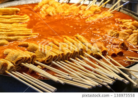 Korean fish cake skewer or Odeng cooking in spicy broth, Seoul 138973558