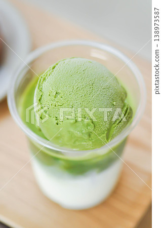iced green tea, iced green tea latte or iced matcha or iced matcha green tea or iced matcha green tea latte with matcha ice cream 138973587