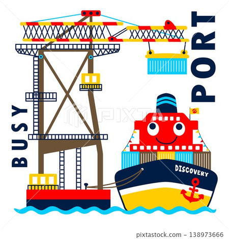 Funny cargo ship in a port, vector cartoon illustration Funny cargo ship in a port, vector cartoon illustration 138973666