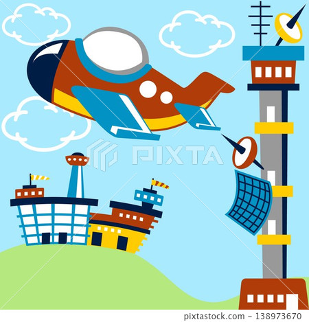 Airplane take off from airport, vector cartoon illustration Airplane take off from airport, vector cartoon illustration 138973670
