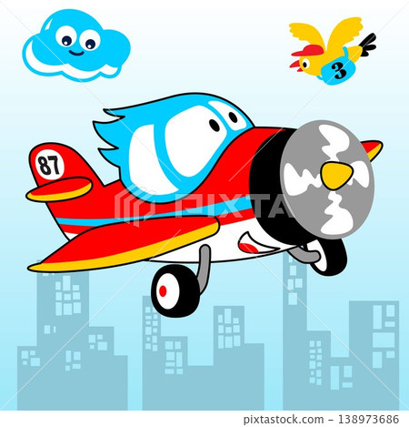 Funny airplane with mail carrier dove flying across buildings, vector cartoon illustration Funny airplane with mail carrier dove flying across buildings, vector cartoon illustration 138973686