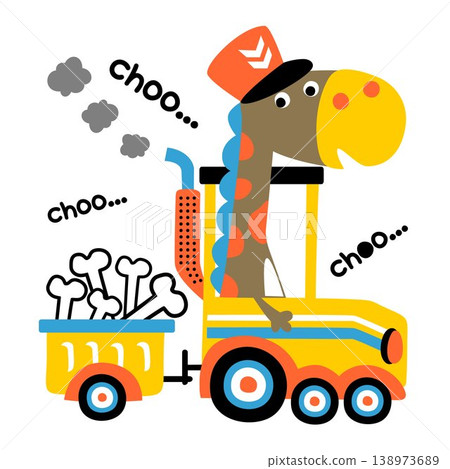 Cute dinosaur wearing machinist cap on steam train loading bones, vector cartoon illustration 138973689