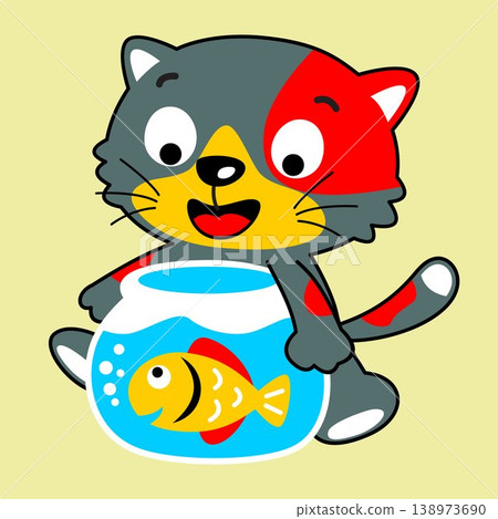 Little kitten hugging jar with a cute fish, vector cartoon illustration 138973690