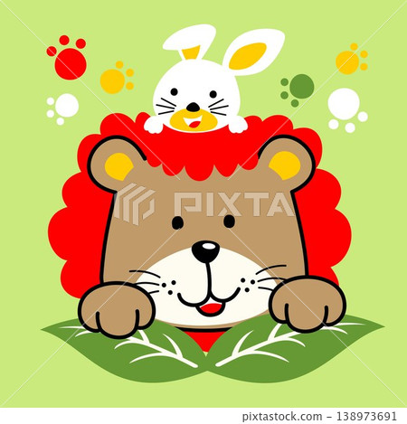 Cute lion with a bunny in peekaboo game, vector cartoon illustration Cute lion with a bunny in peekaboo game, vector cartoon illustration 138973691