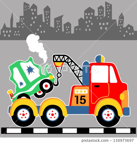 Truck tow a wrecked car on buildings background, vector cartoon illustration Truck tow a wrecked car on buildings background, vector cartoon illustration 138973697